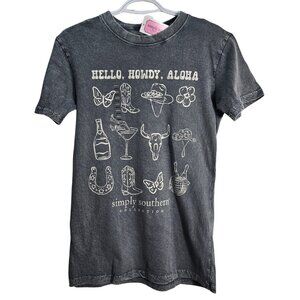 NWT Simply Southern Hello Howdy Aloha Gray Acid Wash Graphic Cowboy Tee | Small
